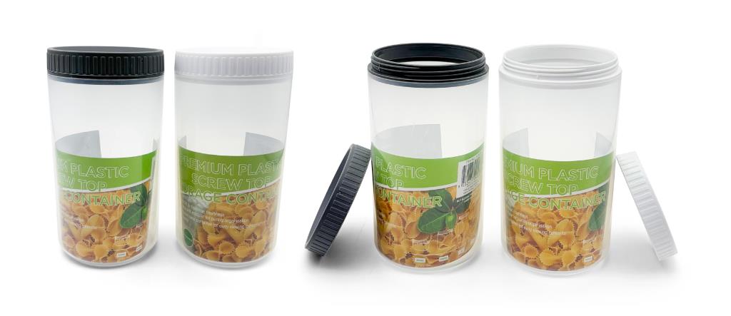 Plastic jars with lids: two clear 1000ml screw top storage jars with black and white lids, one open beside its lid