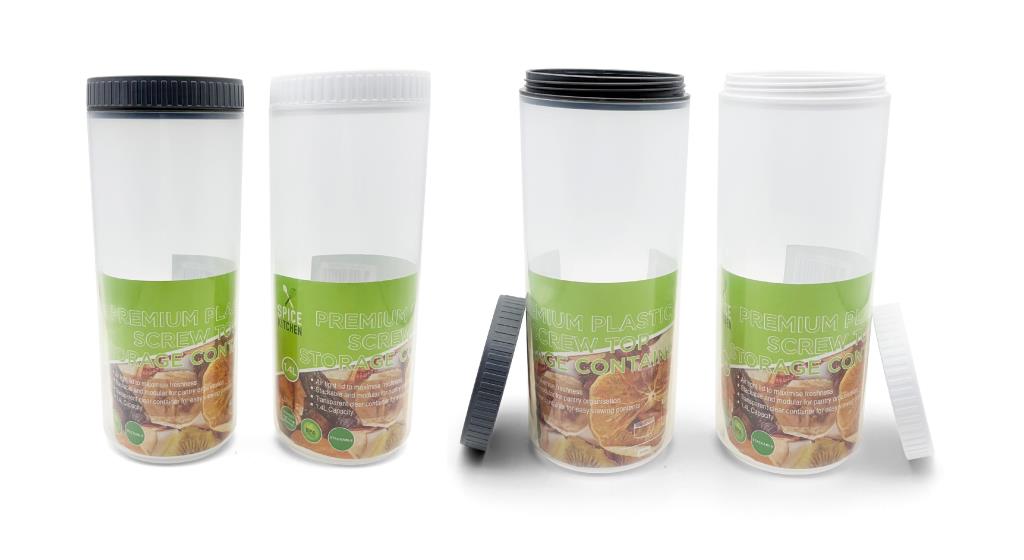 Tall 1400ml clear plastic screw top storage container with white lid, 9x9x22.5cm, showing pasta and cereal inside
