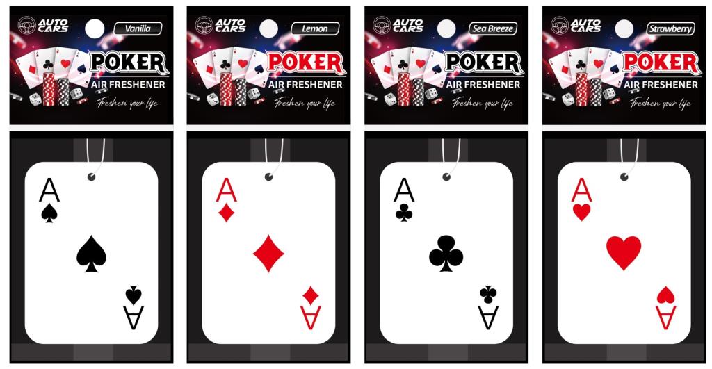 Poker Aces playing card novelty hanging car air freshener assorted suits and scents