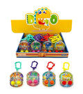 Four miniature dinosaur shaped water ring games with dinosaur outline keyring clips in green, purple, red and yellow