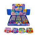 Four small furry monster water ring toss games in pink, purple, teal and orange with bead chambers