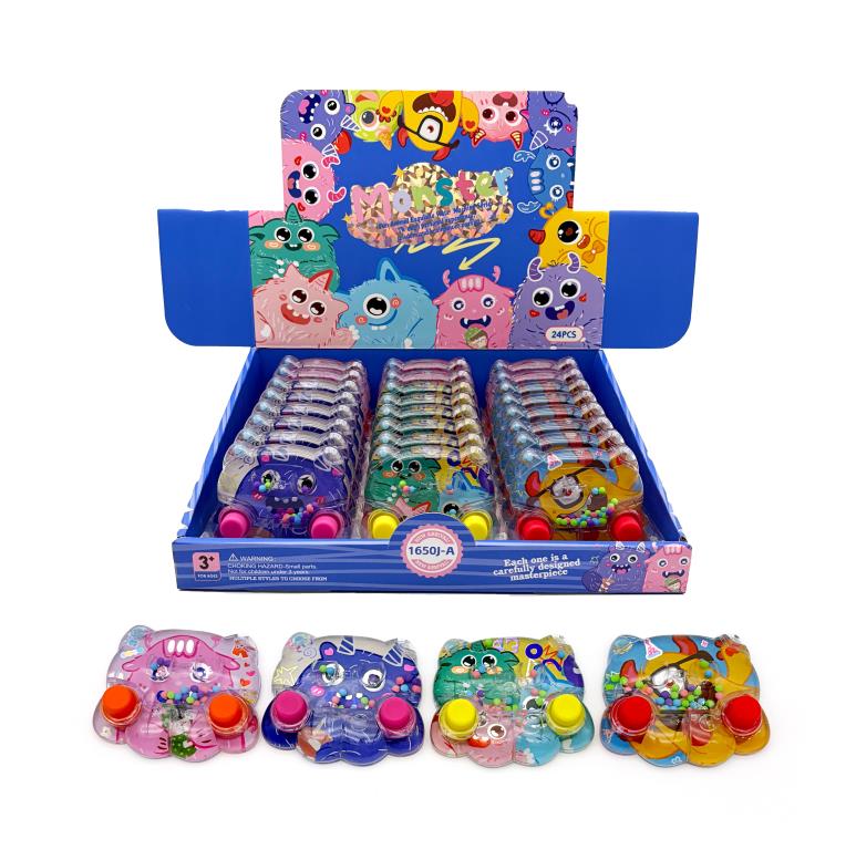 Four small furry monster water ring toss games in pink, purple, teal and orange with bead chambers