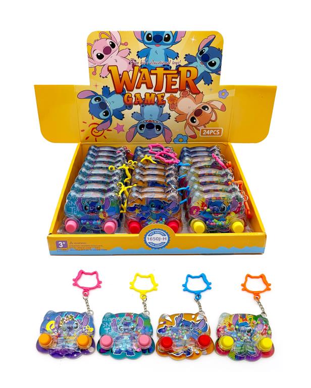 Four small water ring games with a blue alien character and colourful keyring clips