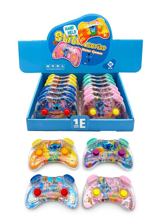 Four controller shaped water ring toss games with a blue alien character on orange, purple, blue and pink backgrounds
