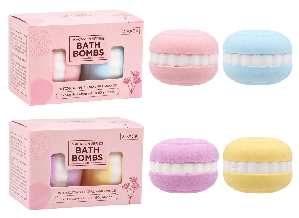 Macaron series bath bombs in pink window gift box of 2, macaron-shaped bath bombs in pink, blue, purple and yellow