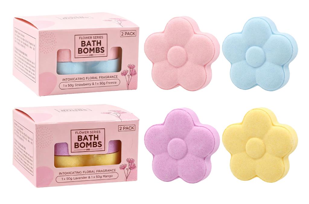 Flower series bath bomb gift set, pink window box of 2 and flower-shaped bath bombs in pink, blue, purple and yellow