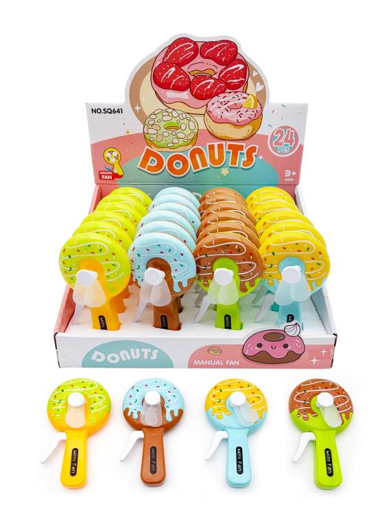 Donut-shaped novelty hand held fan for kids, 4 assorted glazed donut designs, 13.5x7.5x1.5cm, manual, age 3 plus