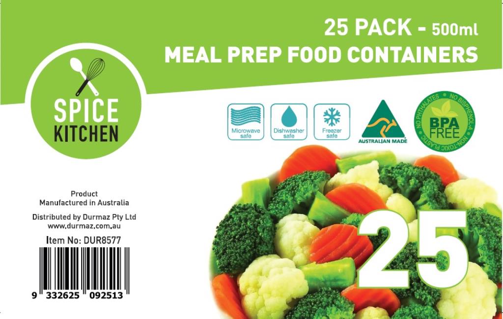 Plastic takeaway containers 500ml 25 pack, meal prep food containers pack label with microwave dishwasher freezer safe icons