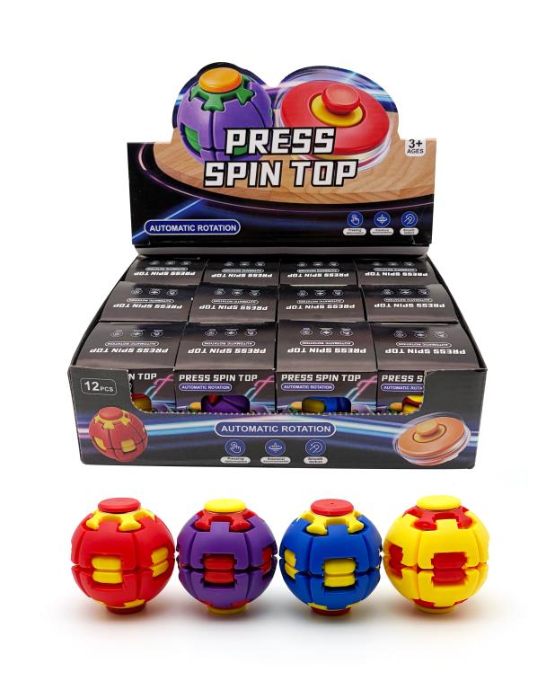 Press top spinner spinning top balls in red, purple, blue and yellow in a countertop display box labelled Press Spin Top