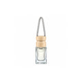 Blue Jeans car air freshener, clear glass bottle with wooden cap and hanging cord, on a white background