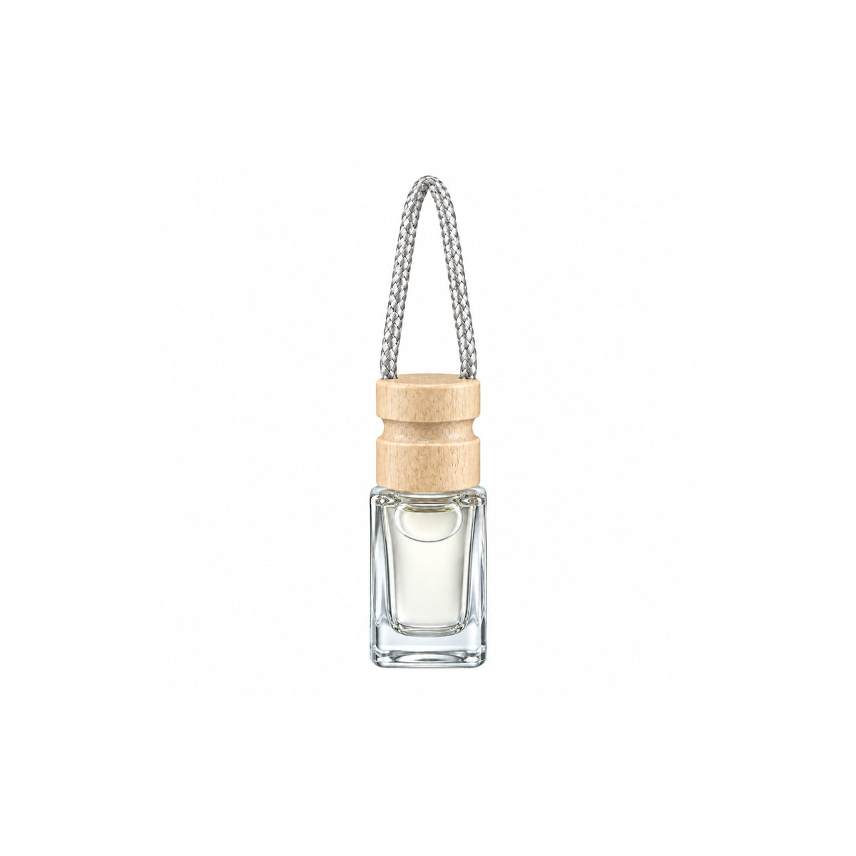 Blue Jeans car air freshener, clear glass bottle with wooden cap and hanging cord, on a white background