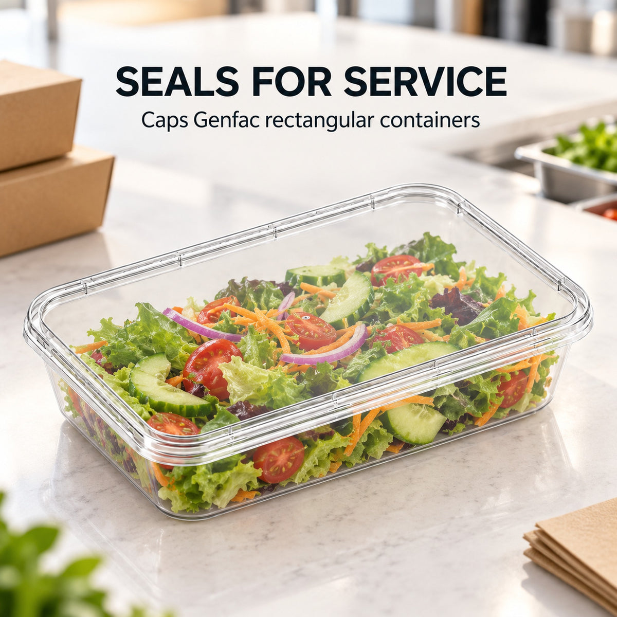 Clear rectangular lid sealing a Genfac takeaway container on a cafe bench