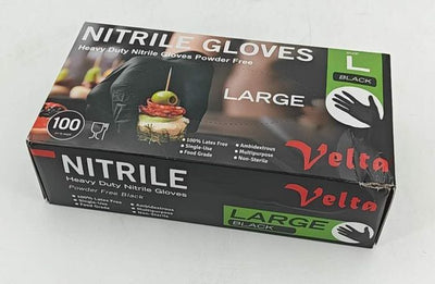 Velta heavy-duty black nitrile powder-free disposable gloves large size, 100-piece pack for hospitality and cleaning