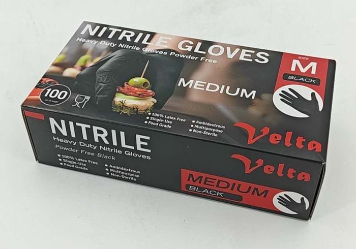 Velta heavy-duty black nitrile powder-free disposable gloves medium size, 100-piece pack for professional use