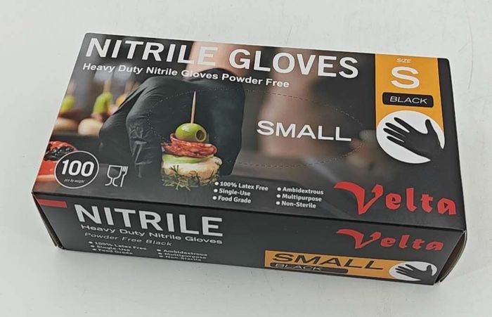 100-pack Velta small black nitrile heavy-duty powder-free disposable gloves for food prep and cleaning professionals