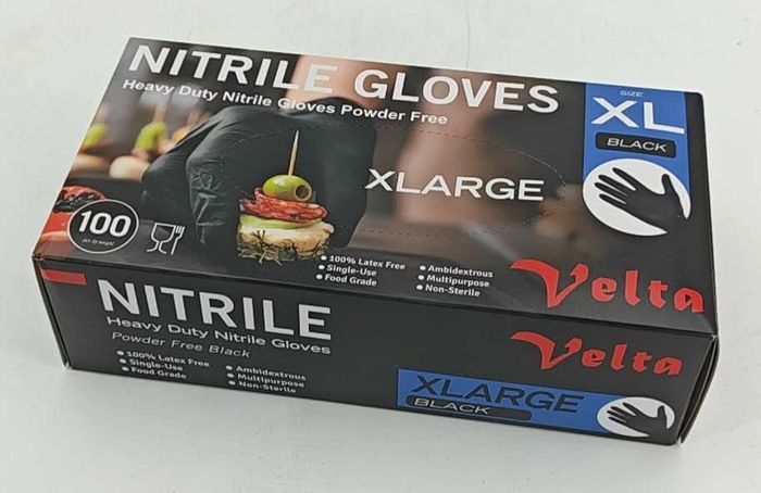 Velta extra-large black nitrile heavy-duty powder-free disposable gloves, 100-pack for commercial kitchen and cleaning use