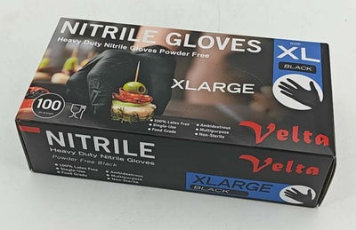 Velta extra-large black nitrile heavy-duty powder-free disposable gloves, 100-pack for commercial kitchen and cleaning use