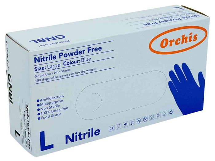 Box of 100 Orchis blue nitrile disposable gloves in large size, powder-free, for food service and cleaning use