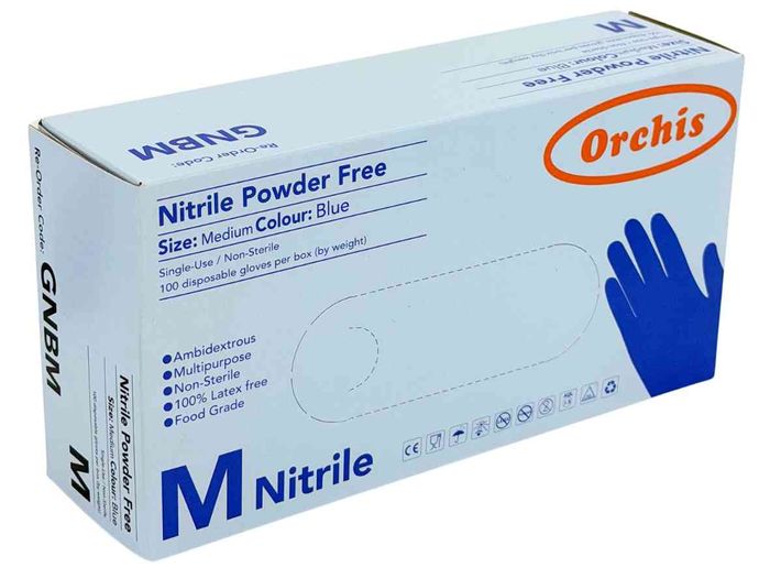 100-pack of Orchis medium blue nitrile powder-free disposable gloves for kitchen and cleaning applications