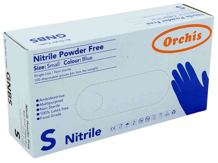Orchis small blue nitrile powder-free disposable gloves pack of 100, suited to food prep and hygiene applications