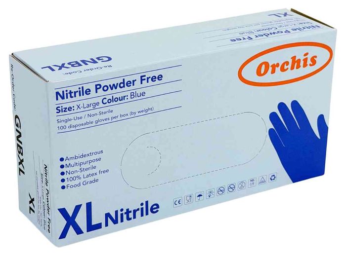 Pack of 100 Orchis extra-large blue nitrile powder-free disposable gloves for industrial cleaning and food service