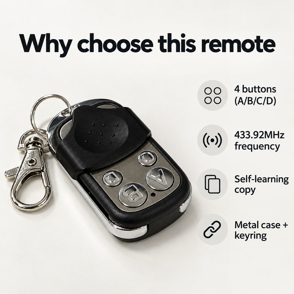 Universal garage remote features: 4 buttons A B C D, 433.92MHz, self-learning copy, metal case with keyring