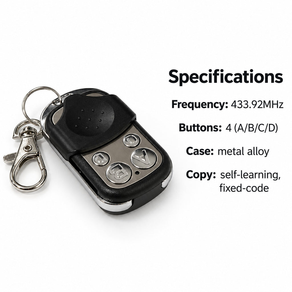 Universal garage remote specs: 433.92MHz frequency, 4 buttons, metal alloy case, self-learning fixed-code copy
