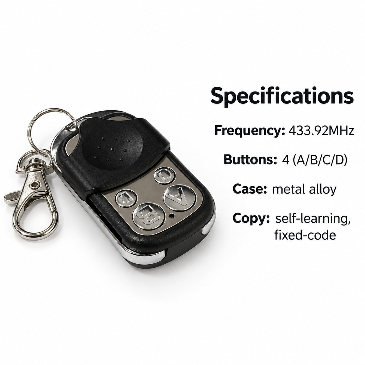 Universal garage remote specs: 433.92MHz frequency, 4 buttons, metal alloy case, self-learning fixed-code copy