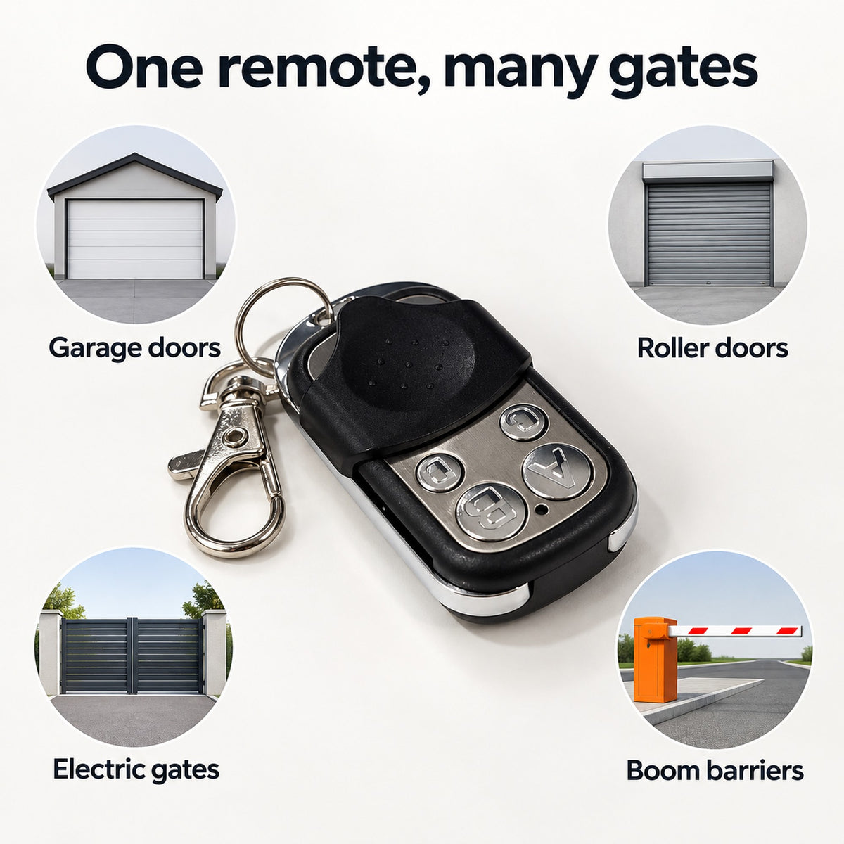 433MHz universal remote for garage doors, roller doors, electric gates and boom barriers