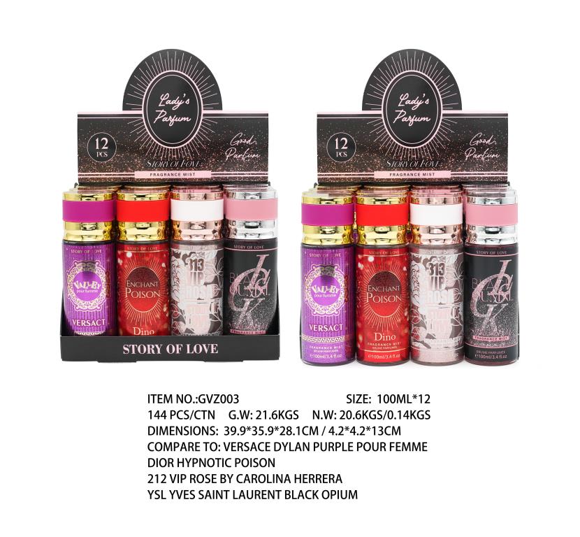 GVZ003 100ml assorted women's eau de parfum, 4 inspired-by scents, carton of 24 for gift and variety retail