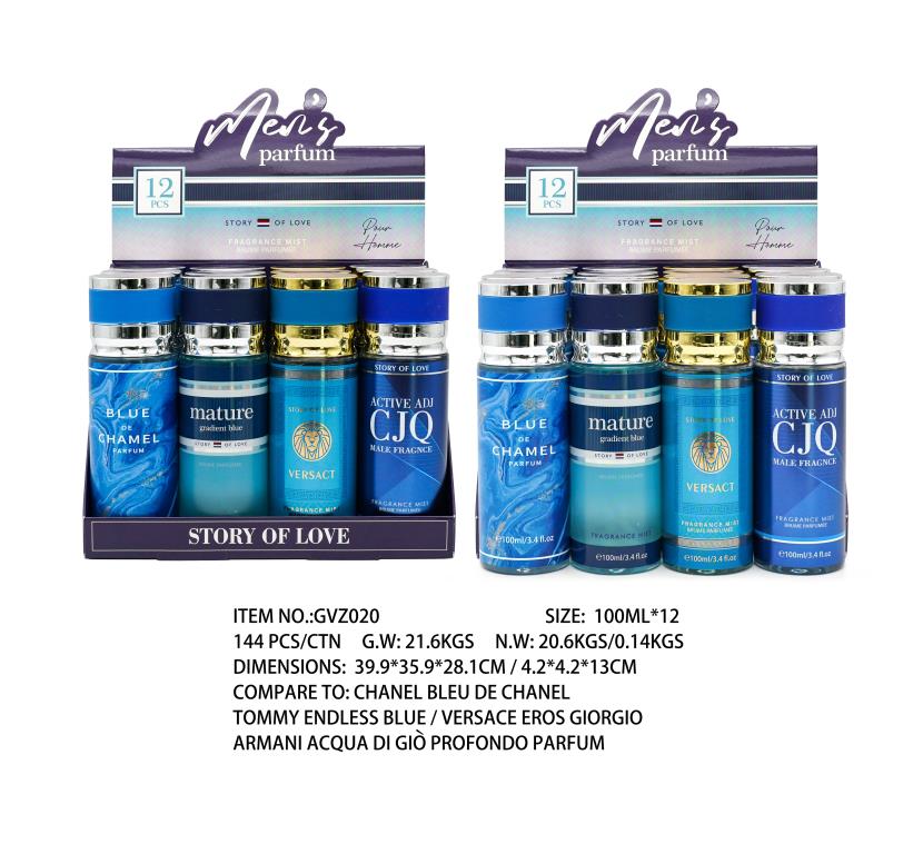 GVZ020 100ml assorted men's eau de parfum, 4 inspired-by scents, carton of 24 for gift and variety retail