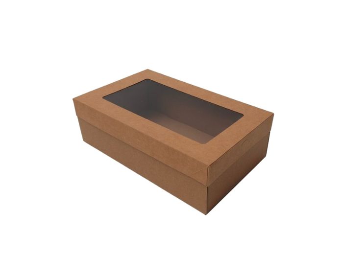 Kraft paper platter box 258x155x80mm with clear window lid on the base, small catering grazing box