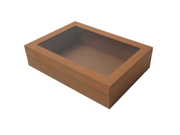 Medium kraft paper grazing box 360x252x80mm with clear window lid for catering platters