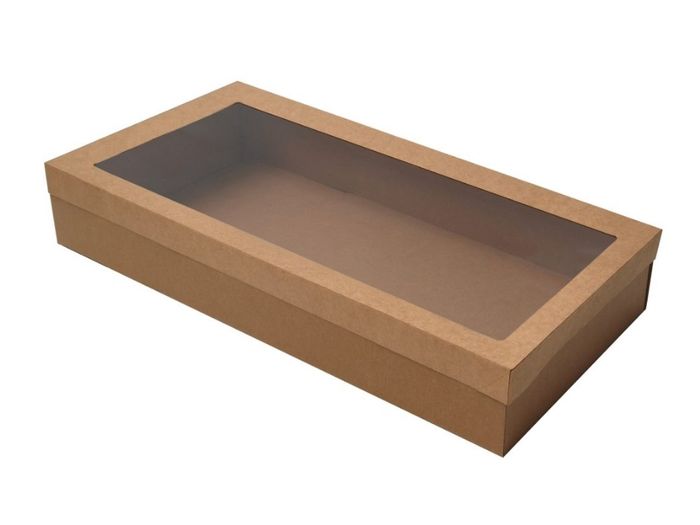 Long kraft paper platter box 560x255x80mm with clear window lid, large rectangular grazing box