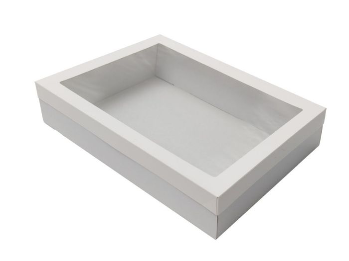 Large white paperboard grazing box 450x310x80mm with clear window lid for catering platters