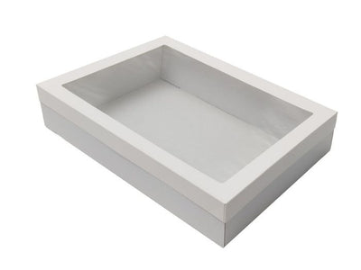 Large white paperboard grazing box 450x310x80mm with clear window lid for catering platters