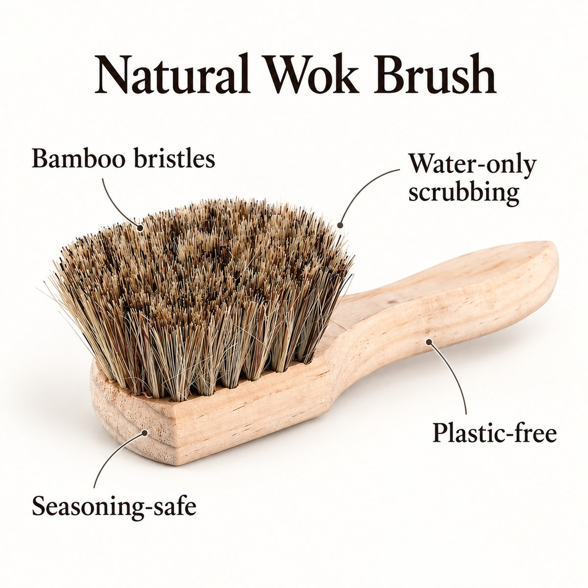 Wok brush features: natural bamboo bristles, water-only scrubbing, seasoning-safe, plastic-free