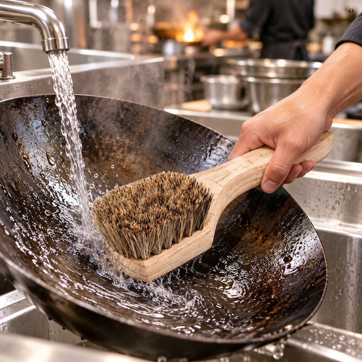 Bamboo wok brush scrubbing a carbon-steel wok with water in a commercial kitchen