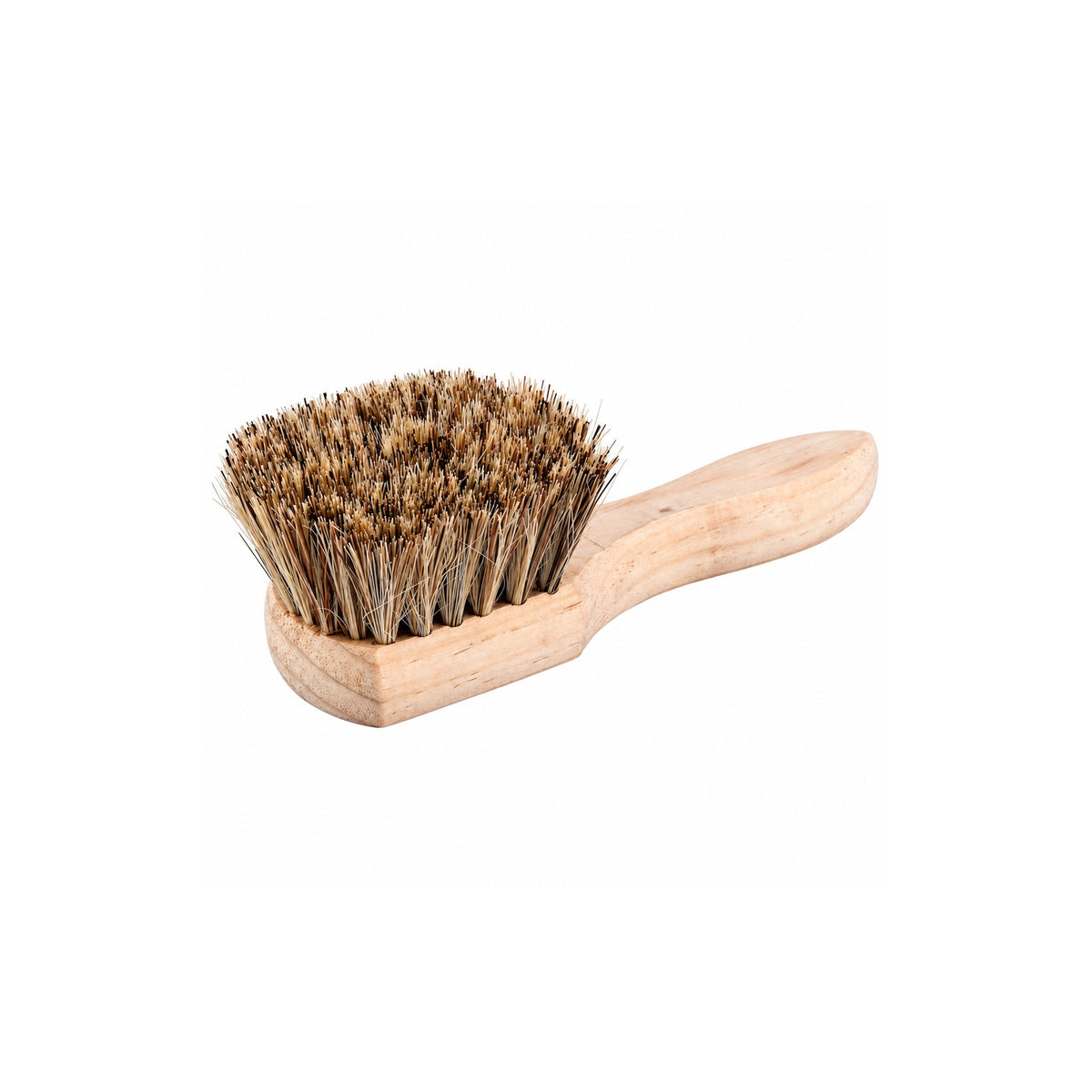 Wooden wok brush with bamboo bristles and a short timber handle, on a white background