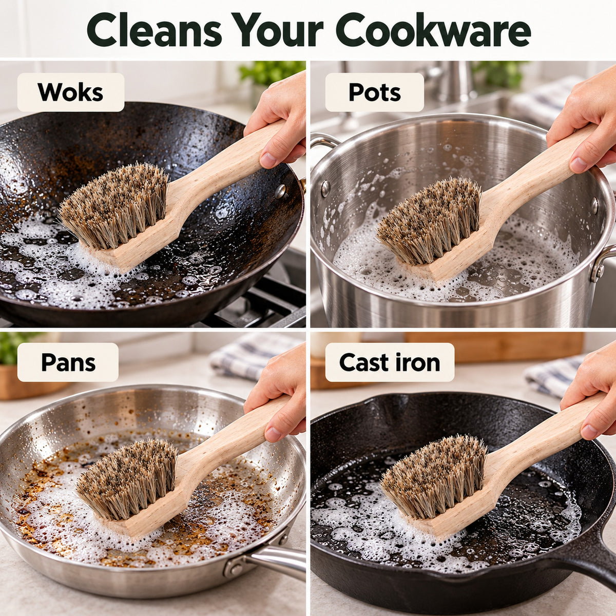 Wooden wok brush cleaning woks, pots, pans and cast iron cookware