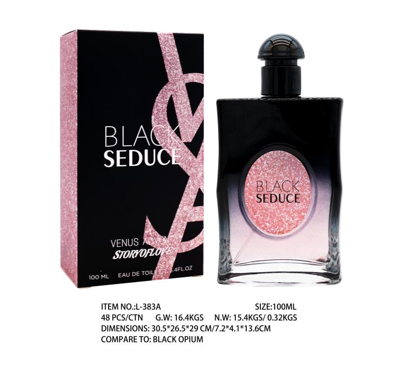 Black Seduce 100ml perfume dupe bottle inspired by Black Opium, dark floral fragrance for retail gift shops