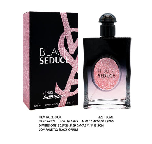 Black Seduce 100ml perfume dupe bottle inspired by Black Opium, dark floral fragrance for retail gift shops