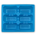 Blue plastic 6 pocket disposable oyster tray with six moulded wells, oyster plate for seafood service