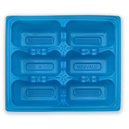 Blue plastic 6 pocket disposable oyster tray with six moulded wells, oyster plate for seafood service