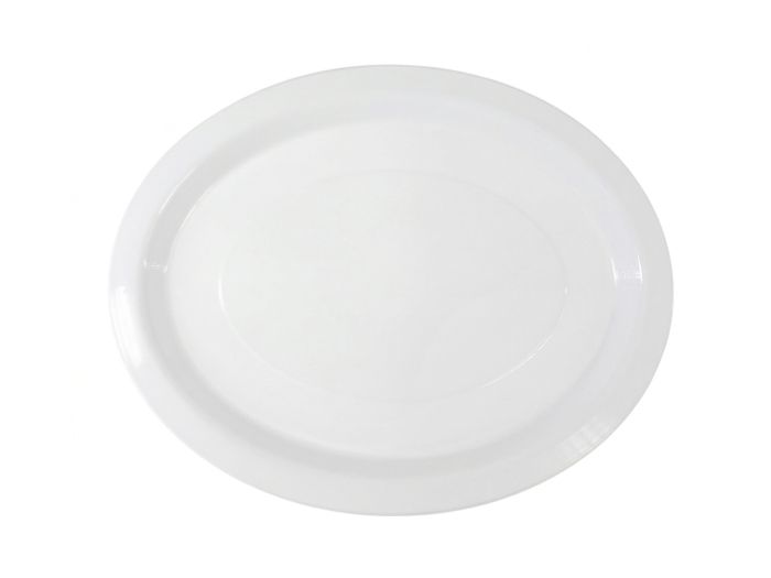 Partyware white heavy duty oval plastic plate 10x12 inch with smooth rim, shown flat on white background