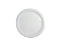 Partyware 180mm 7 inch round white heavy duty plastic plate with a smooth raised rim, top view on white background
