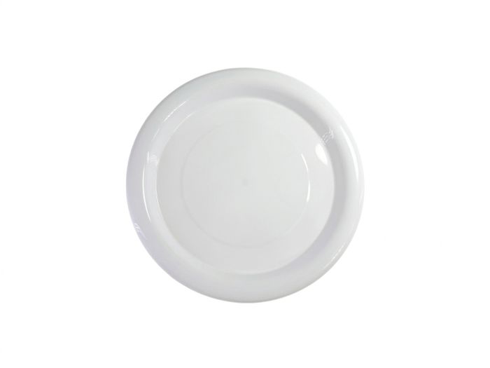 Partyware 180mm 7 inch round white heavy duty plastic plate with a smooth raised rim, top view on white background