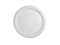 Partyware 225mm 9 inch round white heavy duty plastic dinner plate with wide rim, top view on white background