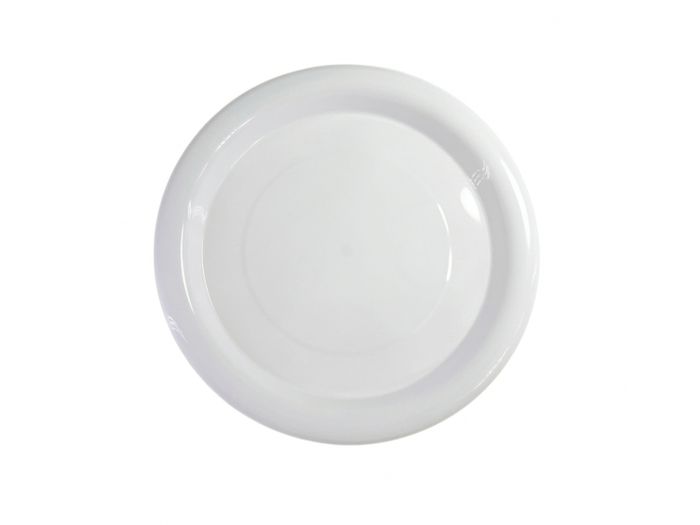 Partyware 225mm 9 inch round white heavy duty plastic dinner plate with wide rim, top view on white background