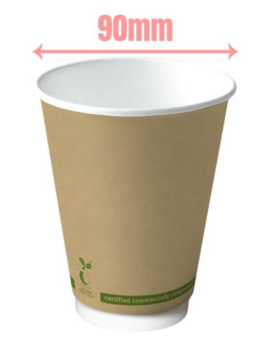 Detpak 16oz double wall brown PLA compostable coffee cup, 500 per carton, 89mm lid compatible